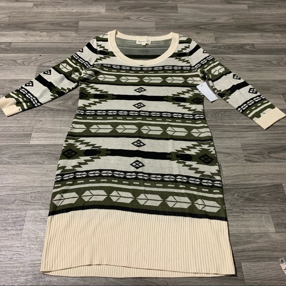 Cloud Chaser Olive Green Creme Aztec Dress; Large - Picture 1 of 9